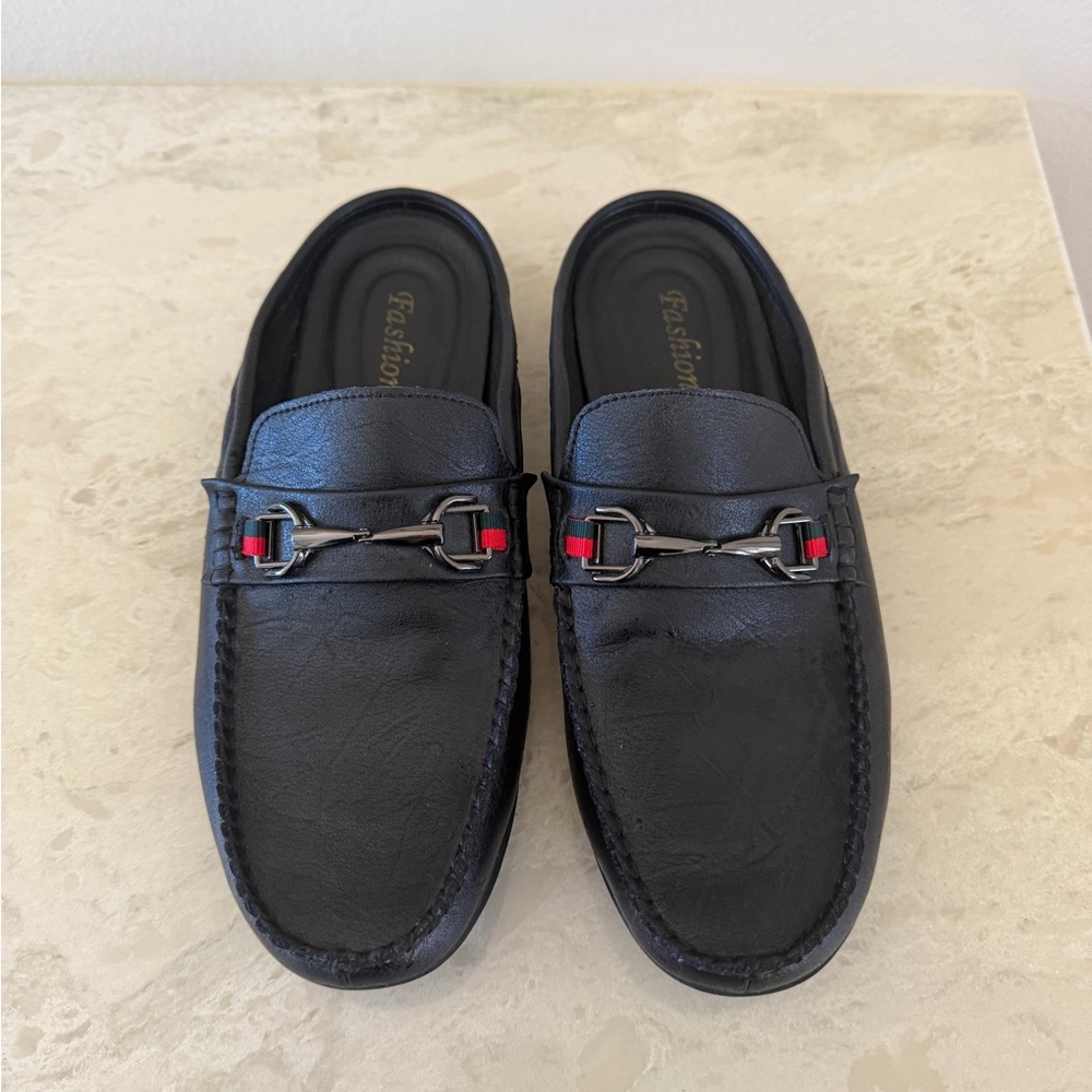 Black Leather Slip-On Loafers with Red Accent